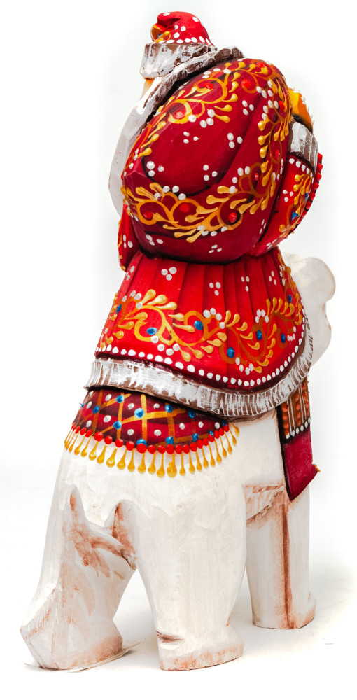 190 mm Santa Claus rides Polar Bear hand carved and painted wooden figure with a Green Tree and Bag of Gifts (by Natalia Workshop)