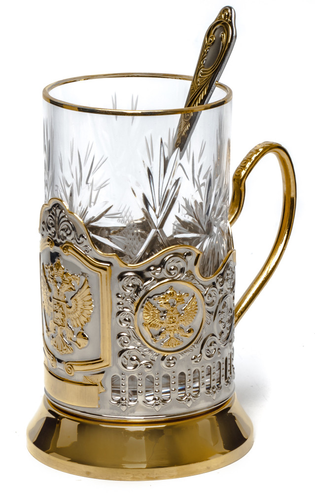 Coat of Arms Russia Gold Plated Brass Tea Glass Holder with Crystal Glass and Gold Plated Tea Spoon (by Kolchugino)