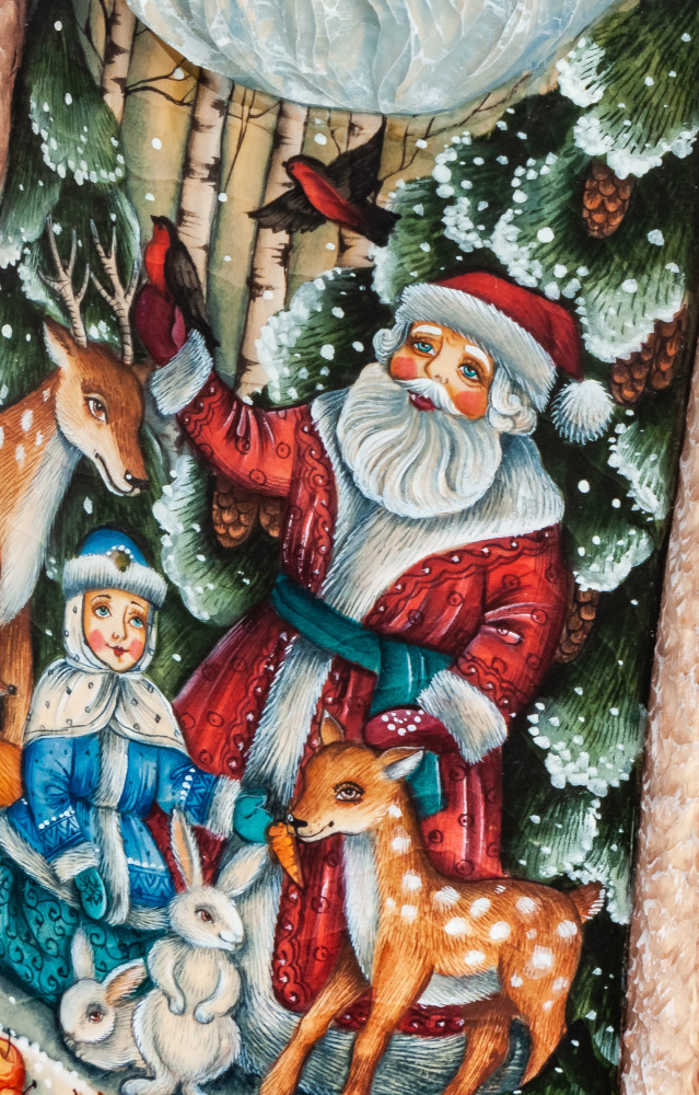 300 mm Santa Claus with a Magic Staff with handpainted Santa Claus and Snowmaiden Princess Wooden Carved Statue (by Sergey  Christmas Workshop)