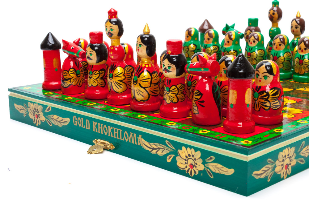 Wooden Chess Board with Khokhloma Art Hand Painted Chess Pieces