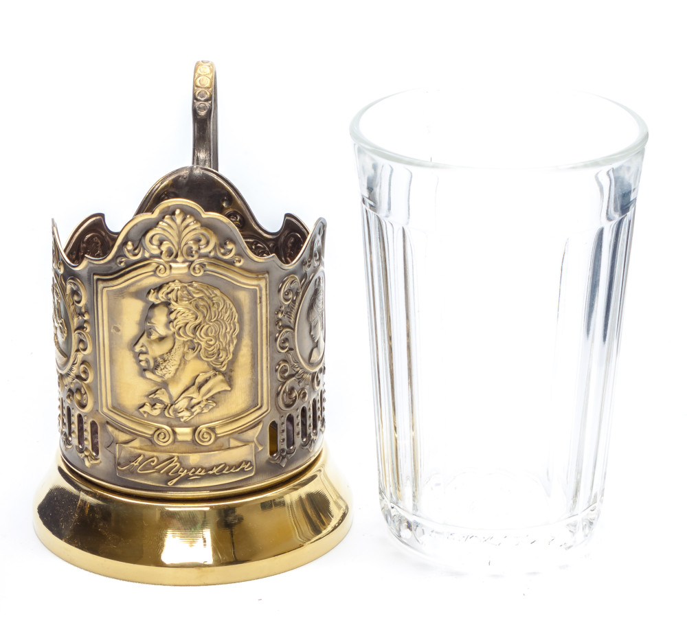 Pushkin Nickel Plated Brass Tea Glass Holder with Faceted Glass (by Kolchugino)