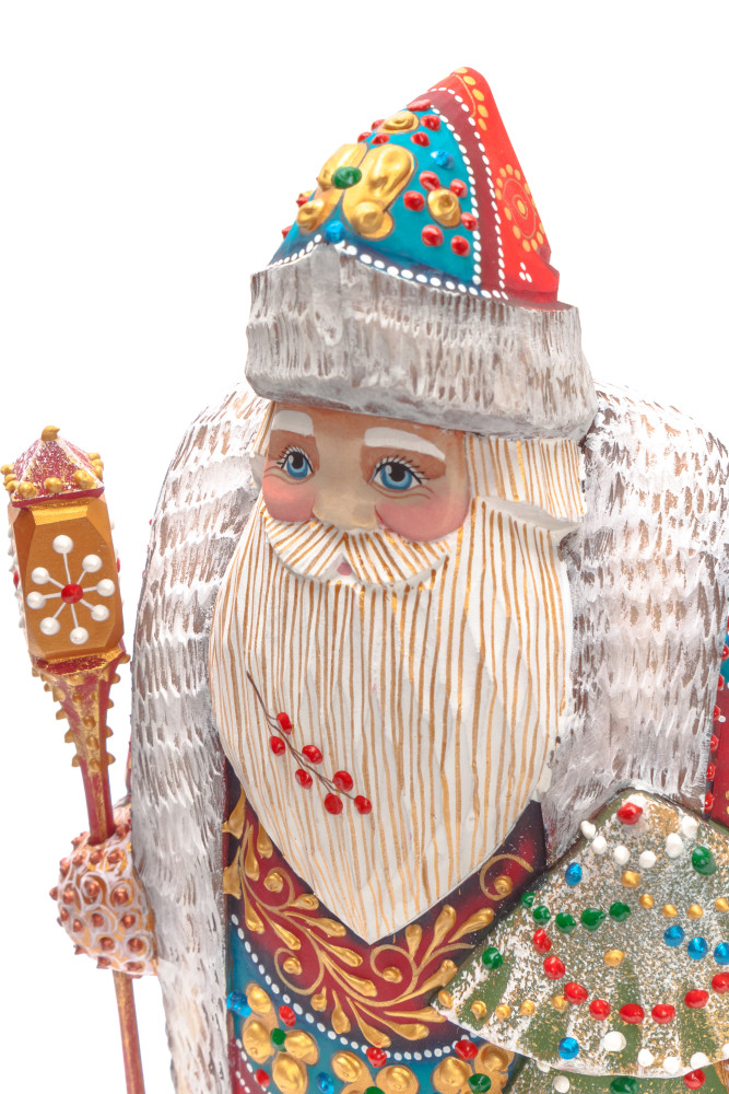 240 mm Santa with a Magic Staff and a Green Christmas Tree Carved Wood Hand Painted Collectible Figurine (by Natalia Nikitina Workshop)