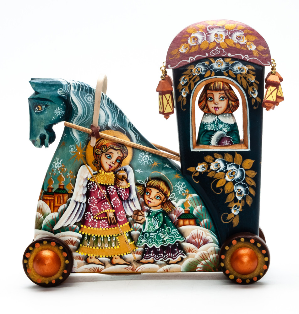 160 mm Carriage with hand painted Angels World Wooden Statue (by Vladislav Toys)