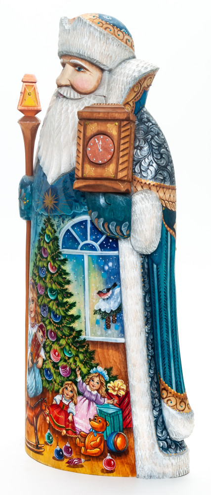320 mm Santa Claus with a Watches and a Magic Staff with handpainted Nutcracker Wooden Carved Statue (by Igor Carved Wooden Figures Studio)