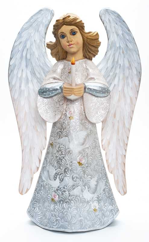 340 mm Mother Angel with Candle hand painted wooden figurine (by Polar Bear Studio)