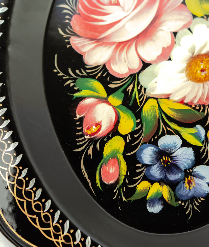 180x220 mm Zhostovo Patterns hand painted and lacquered by Blagova Metal Forged Black Tray (by Lada Crafts)