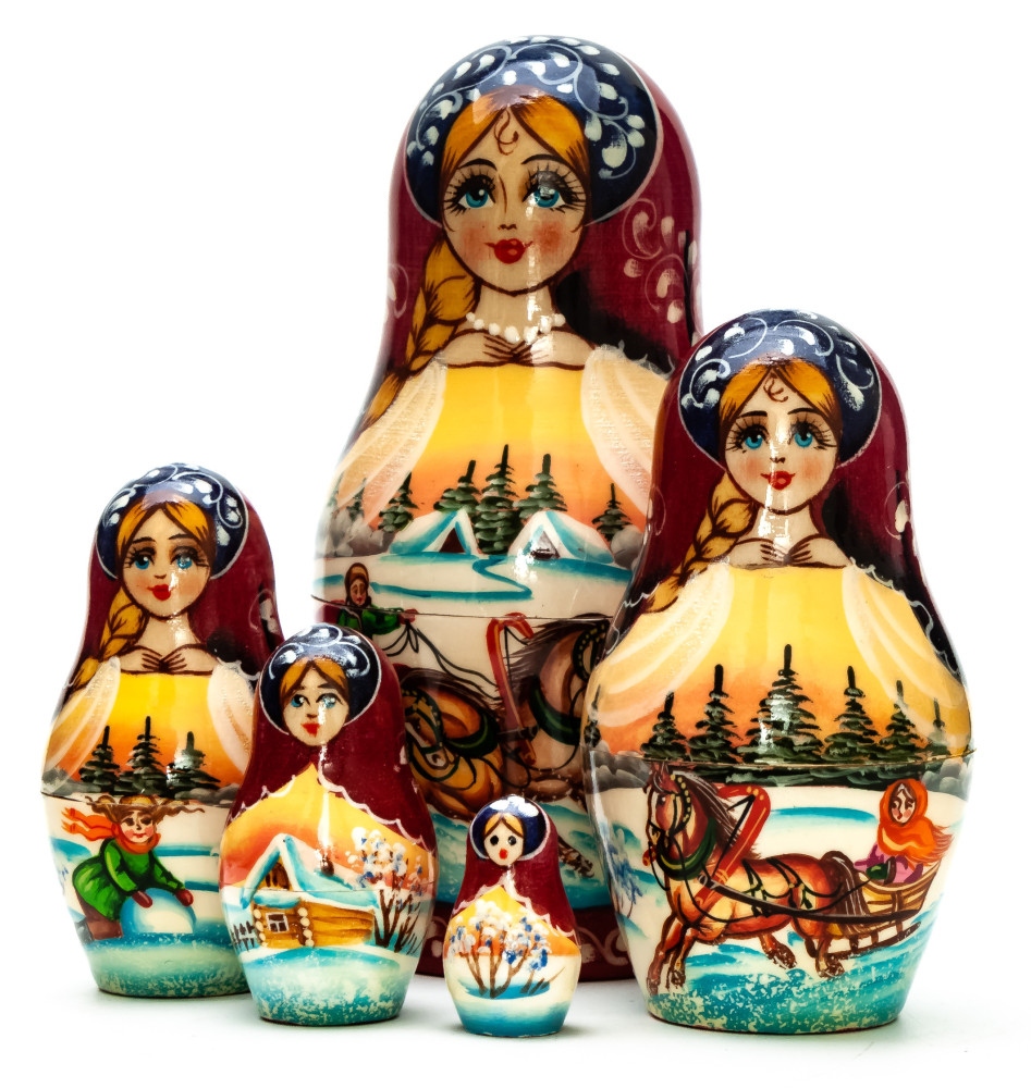 110mm Russian Troika hand painted Matryoshka doll 5pcs
