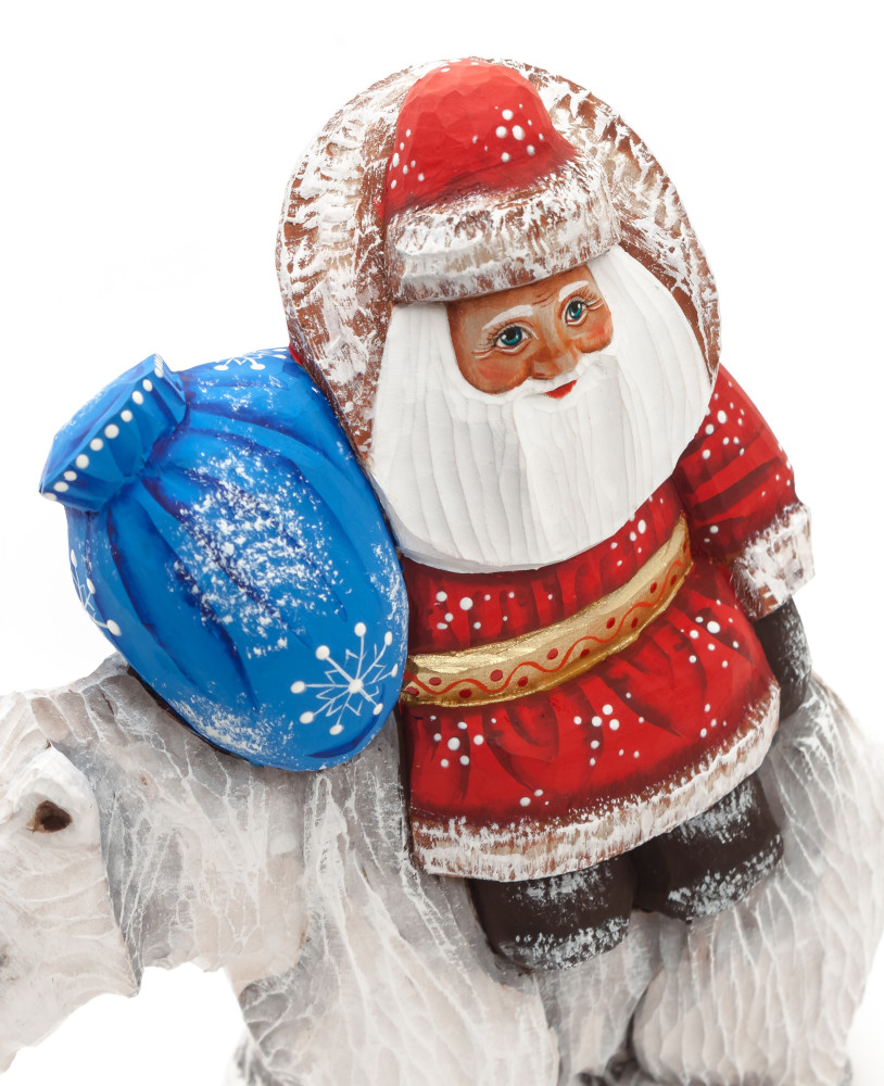 160 mm Santa with a Bag riding the Bear Carved Wood Hand Painted Collectible Figurine (by Sergey Christmas Workshop)