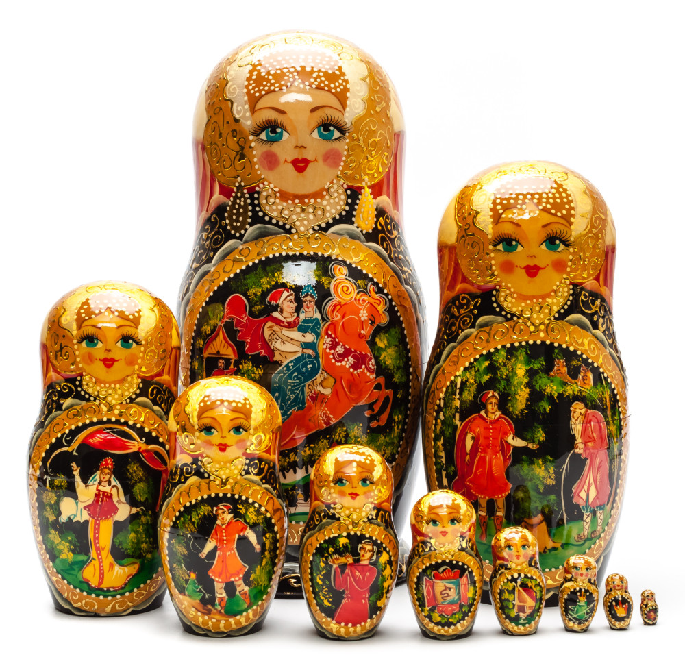 280 mm Sleeping Beauty fairytale hand painted wooden Matryoshka doll 10 pcs (by GOLDEN COCKEREL)