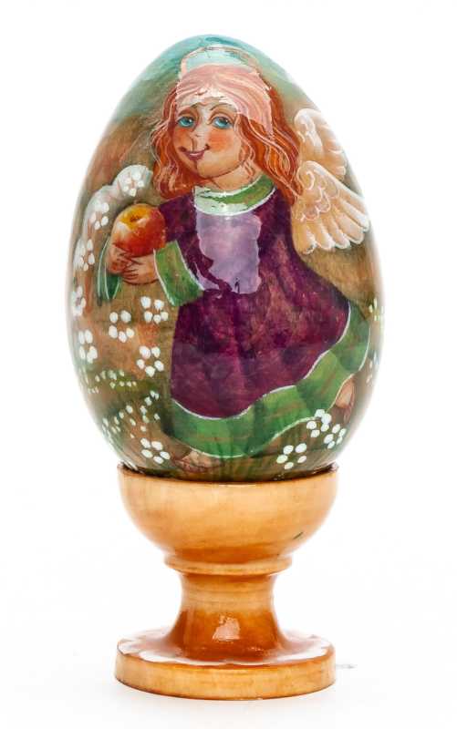 100mm Angel with an Apple handpainted wooden Egg with standby (by Andrey Christams Ornaments Studio)