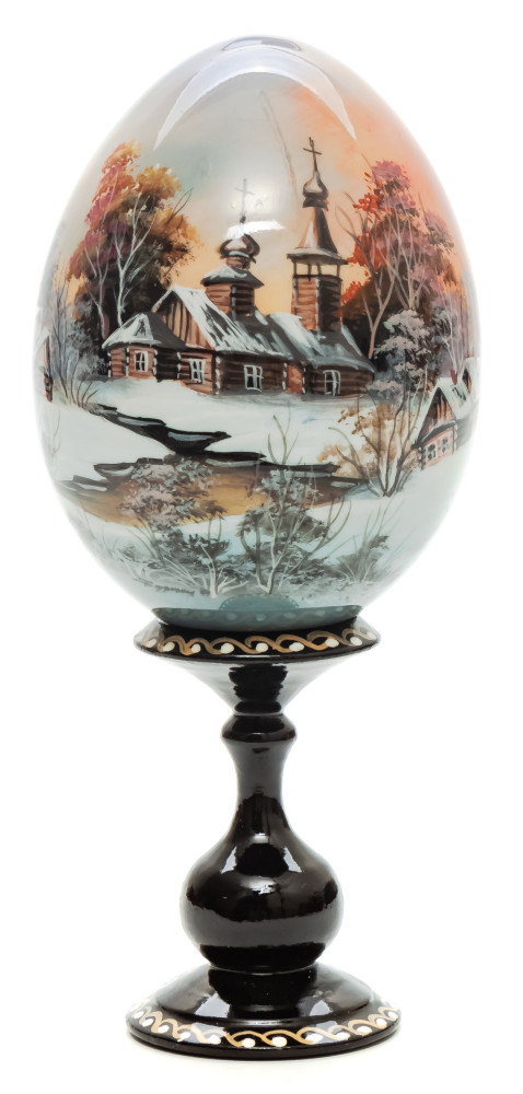 180mm Church in the Village hand painted wooden Egg with standby (by Tatiana Crafts)