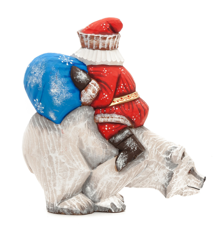 160 mm Santa with a Bag riding the Bear Carved Wood Hand Painted Collectible Figurine (by Sergey Christmas Workshop)