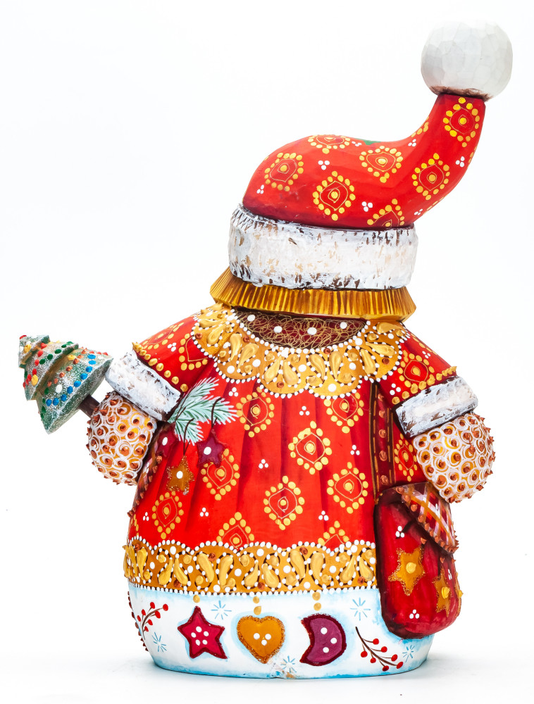 230 mm Snowman with a Christmas Green Tree hand painted wooden figurine (by Natalia Nikitina Workshop)