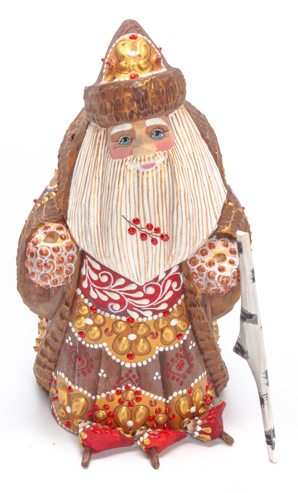 150 mm Santa with a Magic Staff and Birds Carved Wood Hand Painted Collectible Figurine (by Natalia Nikitina Workshop)