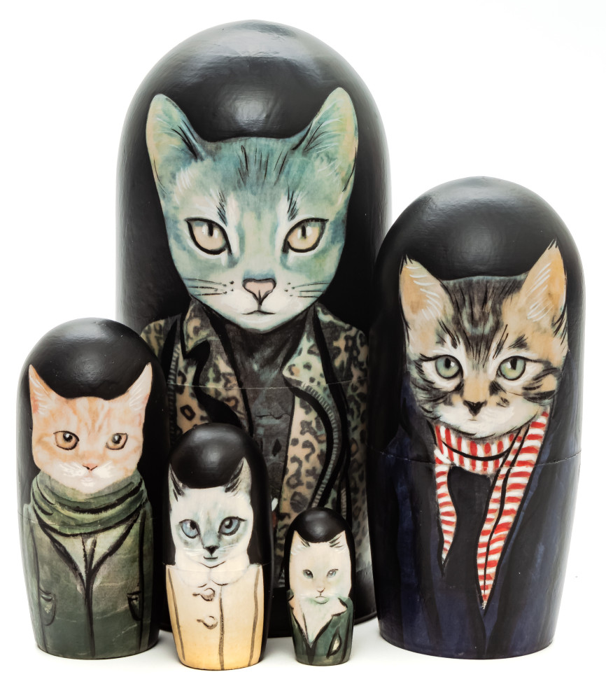 180 mm Cat in a Jacket hand painted on Wooden Matryoshka doll 5 pcs (by Skazka)