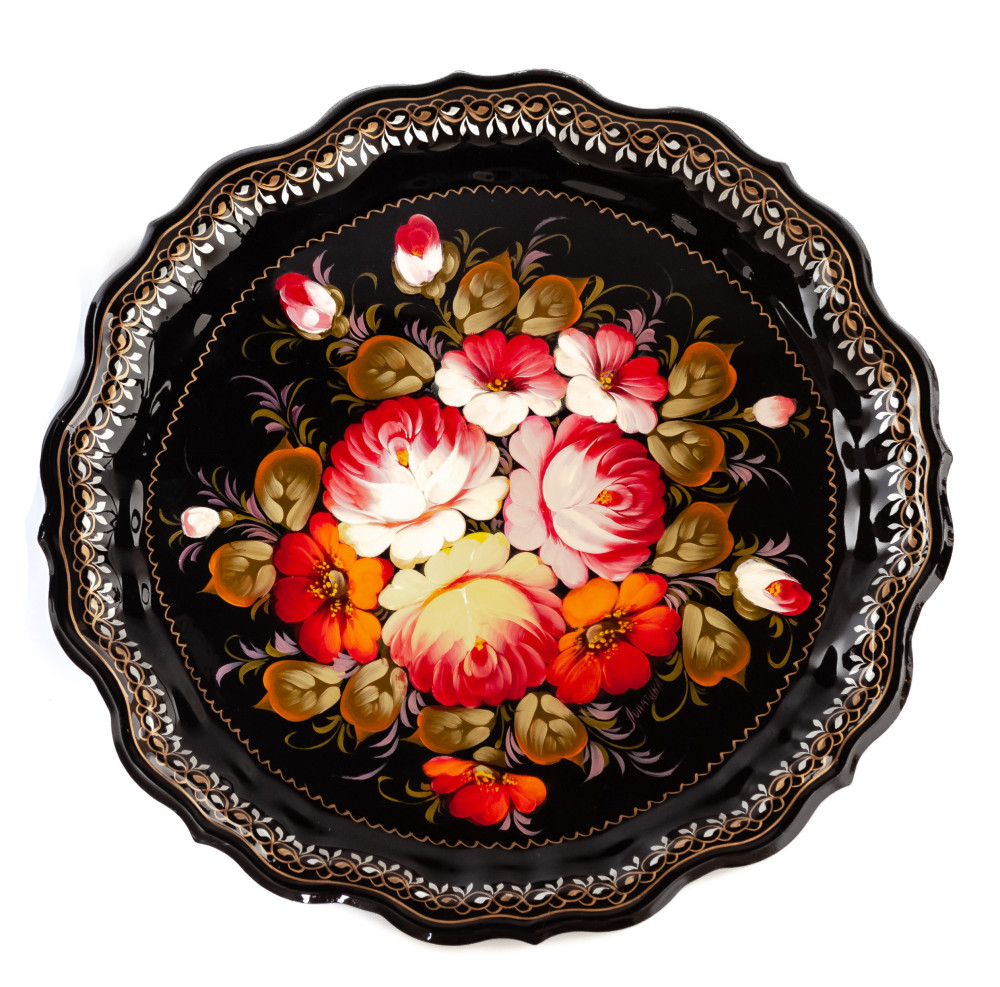 d 370 mm Zhostovo Patterns hand painted and lacquered by Lopatina Metal Forged Tray (by Lada Crafts)