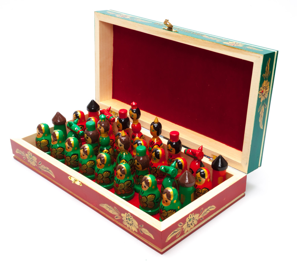 Wooden Chess Board with Khokhloma Art Hand Painted Chess Pieces