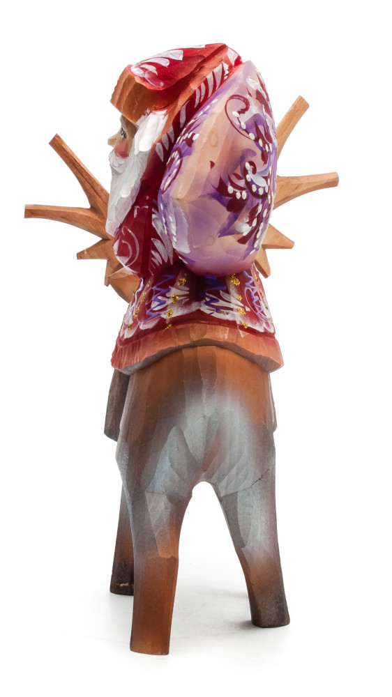 180 mm Santa with a Bag riding a Deer Carved Wood Hand Painted Collectible Figurine (by Igor Carved Wooden Figures Studio)