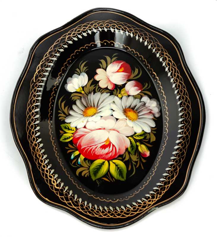180x220 mm Zhostovo Patterns hand painted and lacquered Metal Forged Black Tray (by Lada Crafts)