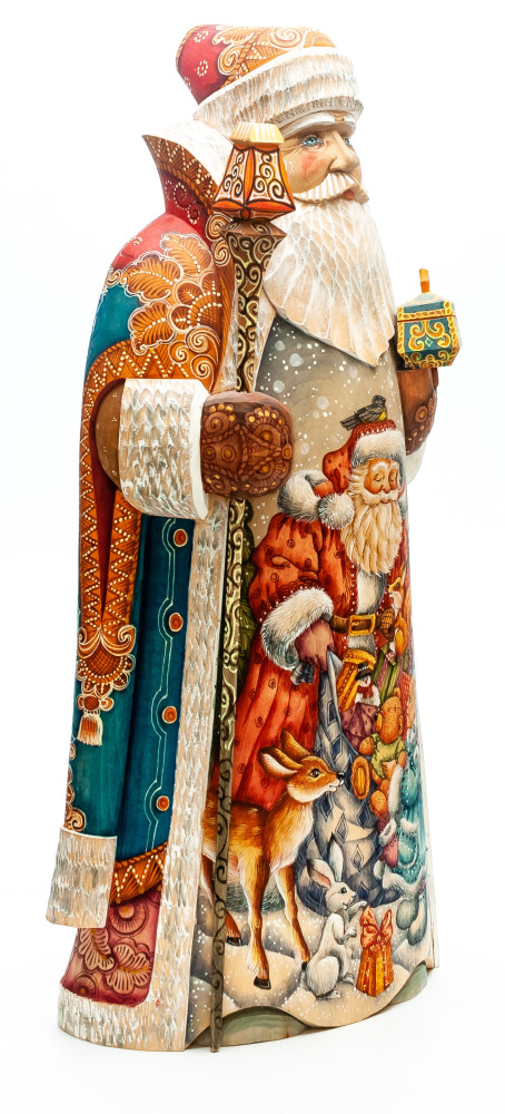350 mm Santa Claus with a Magic Staff and a Box with handpainted Santa with a Box of Toys Wooden Carved Statue (by Sergey Christmas Workshop)