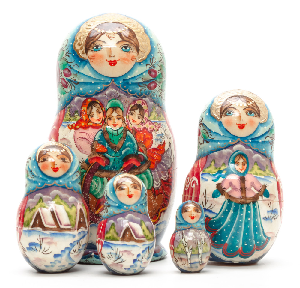140 mm Russian Winter hand painted on Wooden Matryoshka doll 5 pcs (by Valeria Crafts)