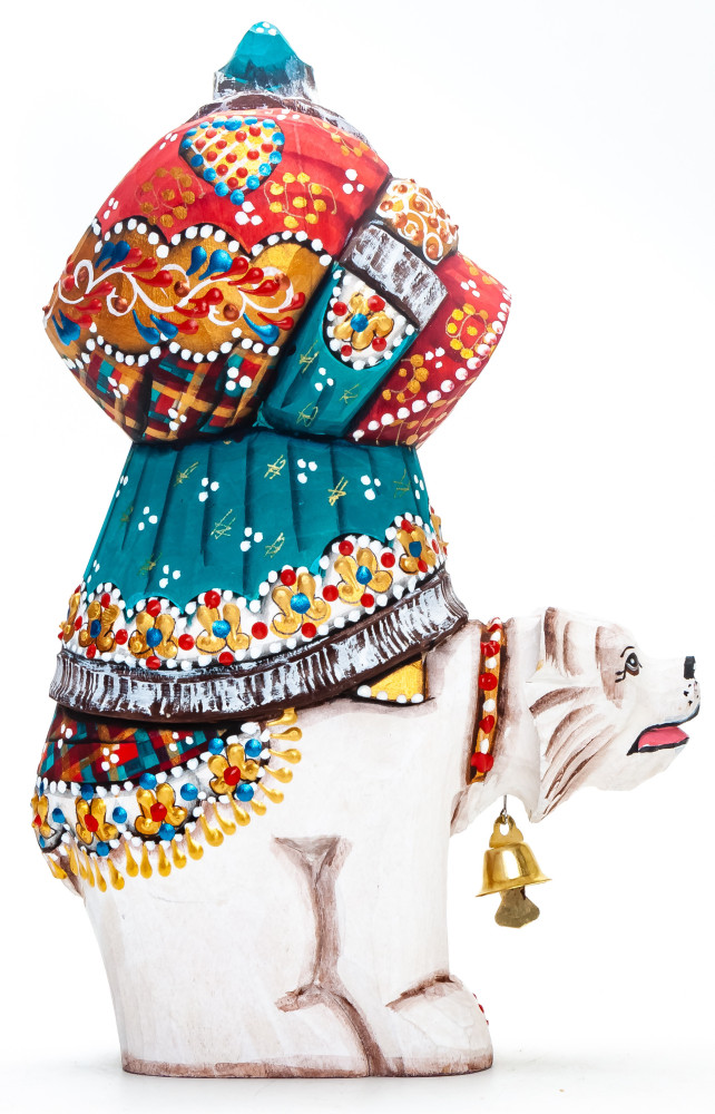 180 mm Santa with a Bag Riding the Bear Carved Wood Hand Painted Collectible Figurine  (by Natalia Nikitina Workshop)