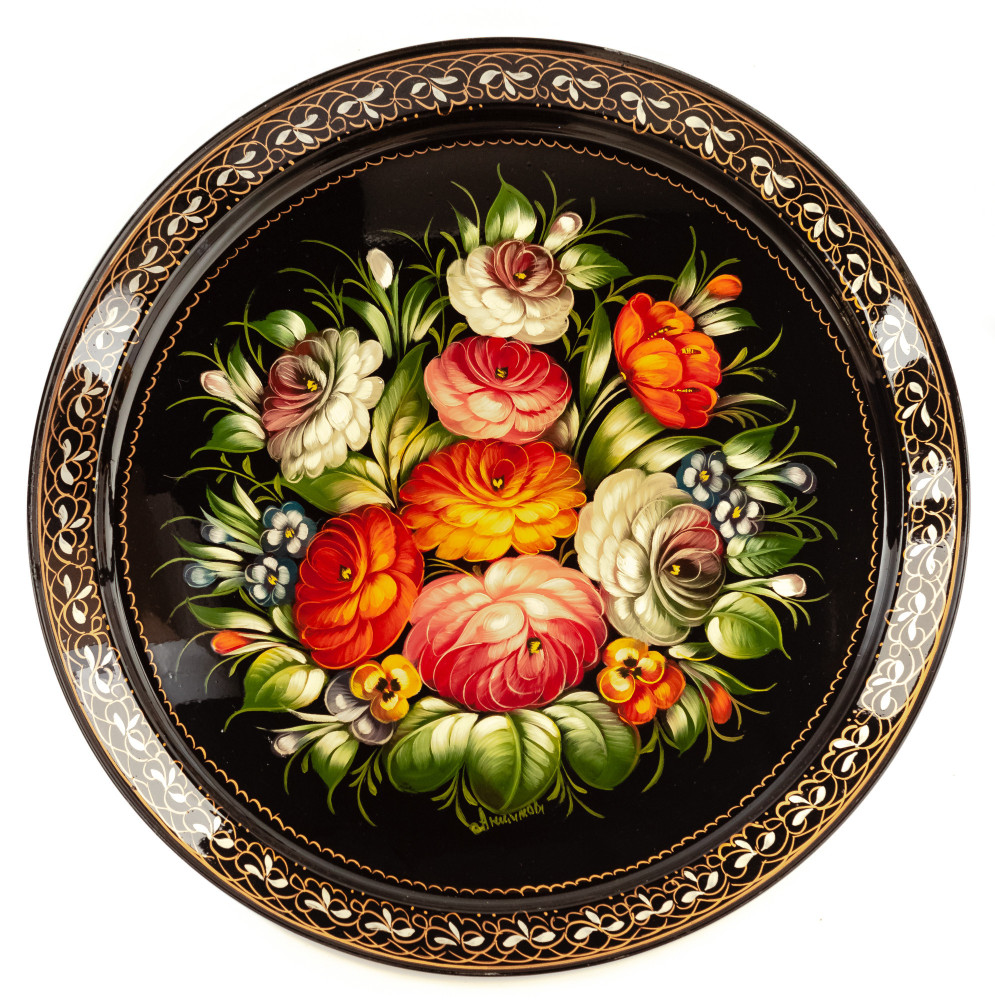 d 385 mm Zhostovo Patterns hand painted and lacquered by Anisimova Metal Forged Tray (by Lada Crafts)