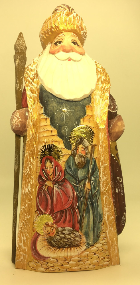 170 mm Santa Claus with a handpainted Christmas picture and with a Magic Staff Carved wooden figure, hand-painted (by Igor Wood Carving Figures Studio)