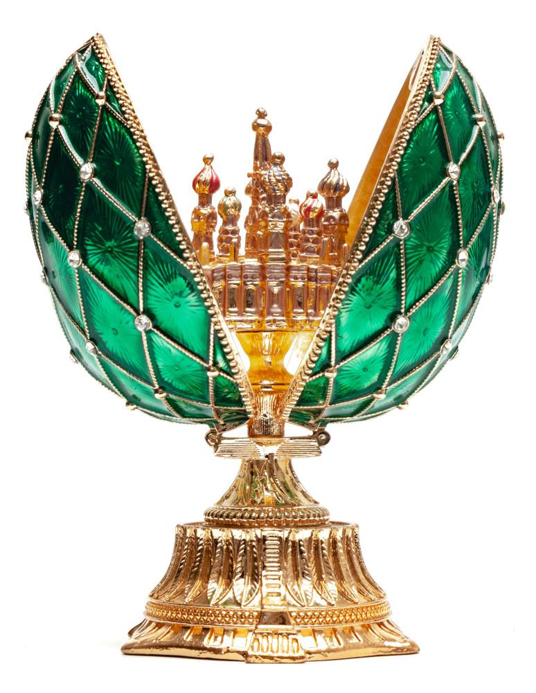 90 mm The Saint Basil Cathedral Green Easter Egg with a Figure inside