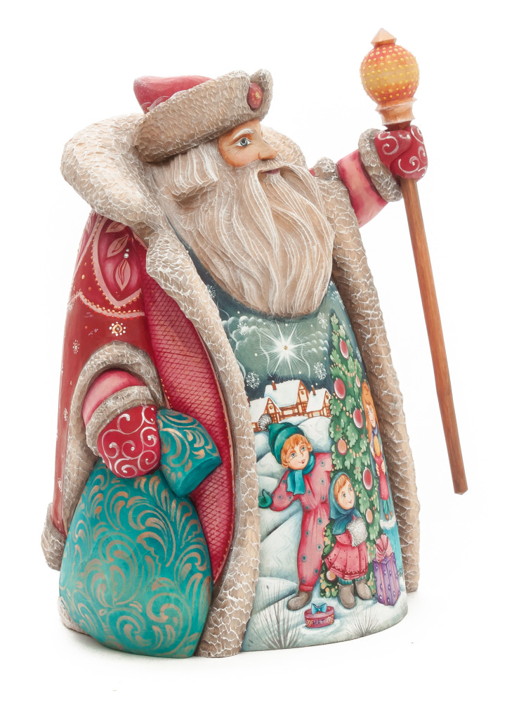 220 mm Santa with a Magic Staff and a Bag with hand painted Kids playing at the Green Christmas Tree Carved Wood Collectible Figurine (by Sergey Christmas Workshop)