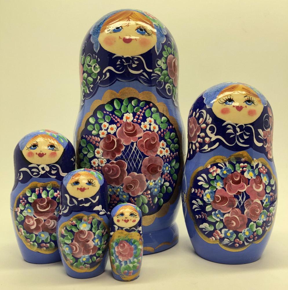 180 mm Navy Blue Gzhel Patterns hand painted on wooden Russian Matryoshka 5 pcs (by Rose Studio)
