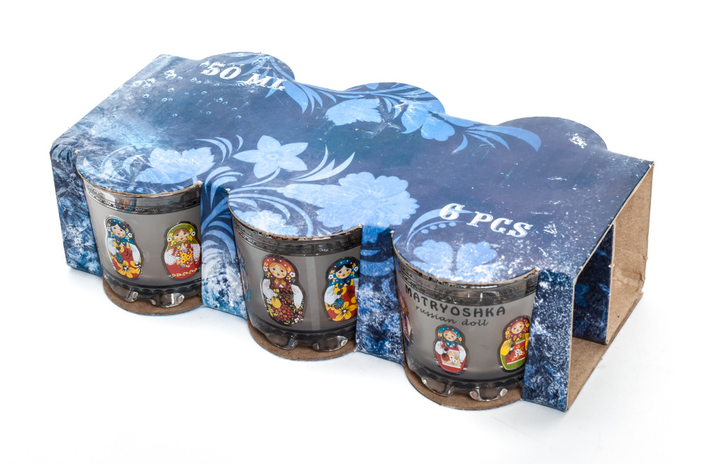 50 ml Russian Matryoshka Decal Faceted Shot Glass set of 6 pcs (by AKM Gifts)