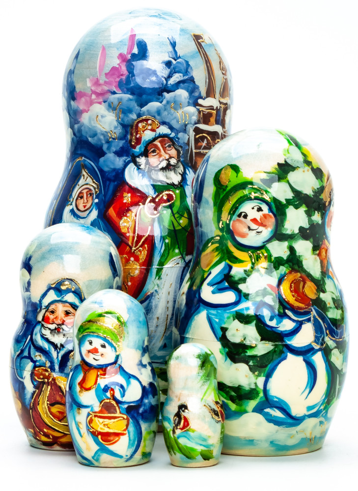 130 mm Santa Claus and Snowmaiden Princess riding Russian Troika hand painted wooden Matryoshka Doll 5 pcs (by Skazka)
