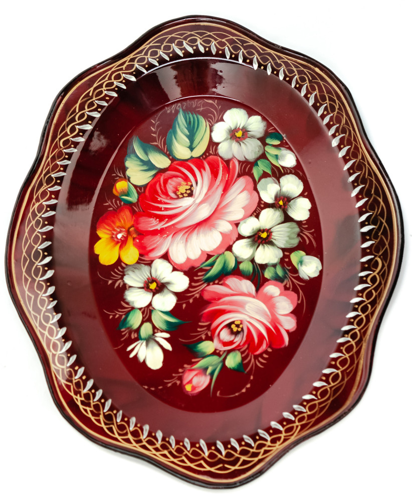 180x220 mm Zhostovo Patterns hand painted and lacquered Metal Forged Carmine Tray (by Lada Crafts)