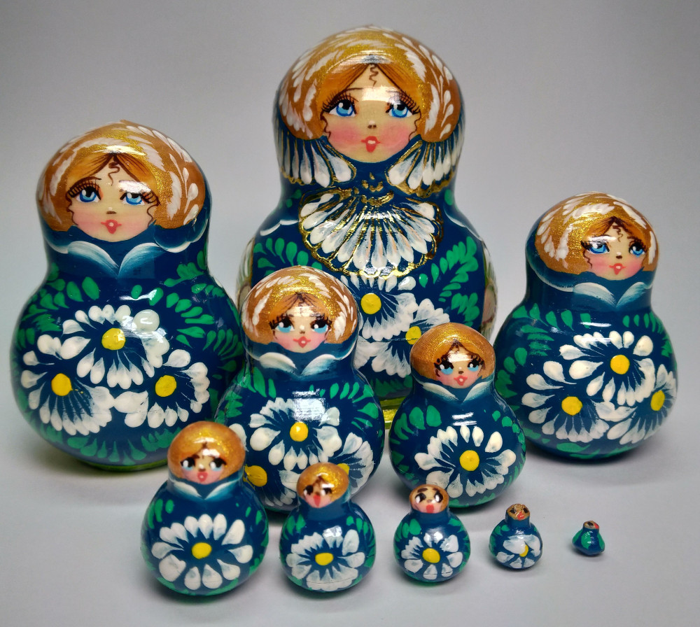 110mm Daisies Hand Painted Wooden Matryoshka doll 10 pcs (by Valentina Dolls)