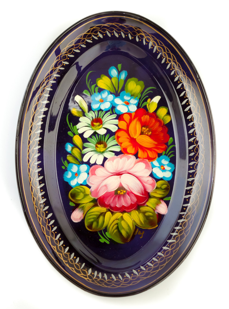 165x255 mm Zhostovo Patterns hand painted and lacquered Metal Forged Violet Tray (by Lada Crafts)