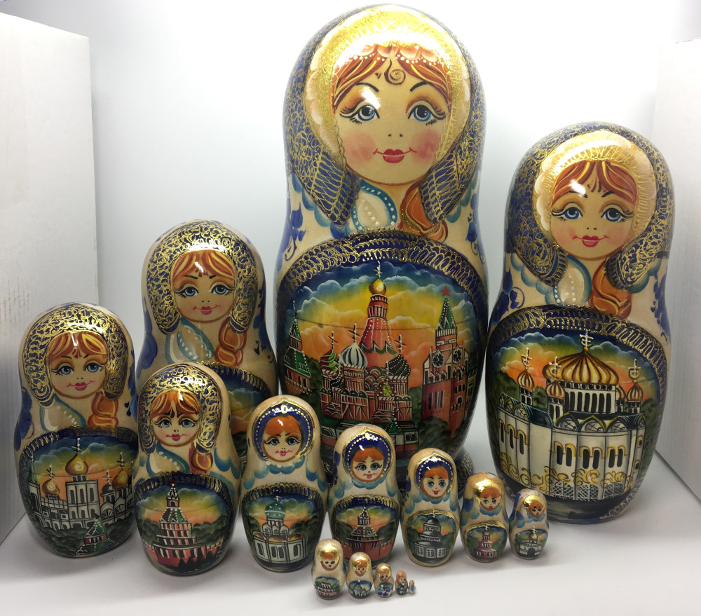 340 mm Moscow Cathedrals hand painted wooden Blue Matryoshka Doll 15 pcs (by Valery Matryoshka Studio)