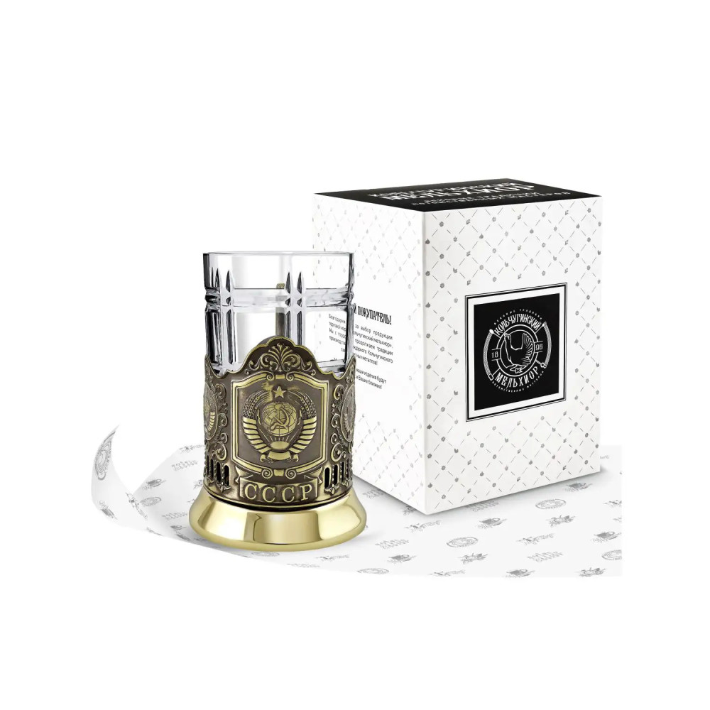 USSR coat of arms pure brass tea glass holder with crystal glass