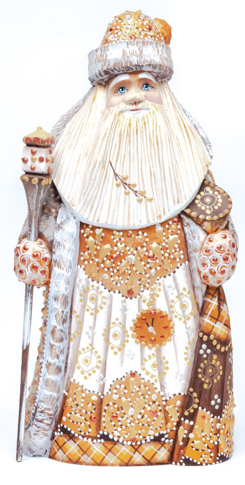 220 mm Santa with a Magic Staff and a Bag Carved Wood Hand Painted Collectible Figurine (by Natalia Nikitina Workshop)