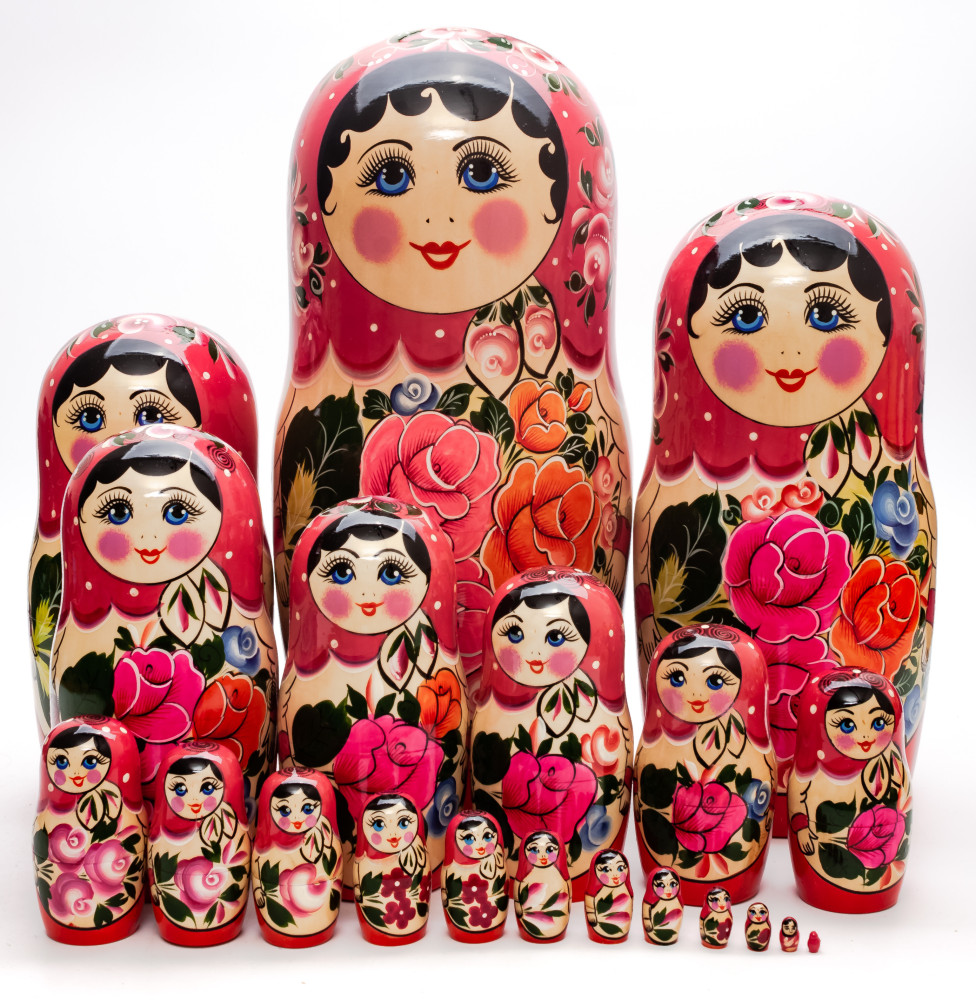 Pink Scarf hand painted Wooden Russian Matryoshka with 20 dolls inside