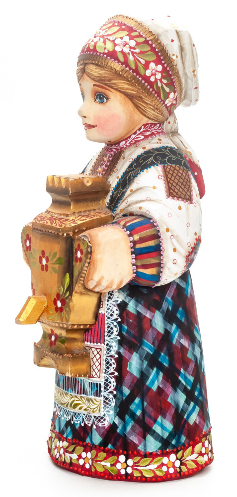 230 mm Girl with a Samovar hand painted Wooden Statue (by Karpova Nadezda)