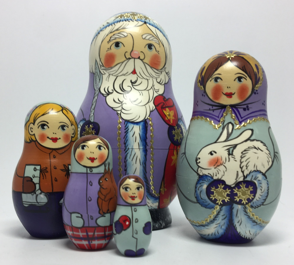 130 mm Santa Claus and Snowmaiden Princess hand painted wooden Matryoshka Doll 5 pcs (by Malutin Studio)