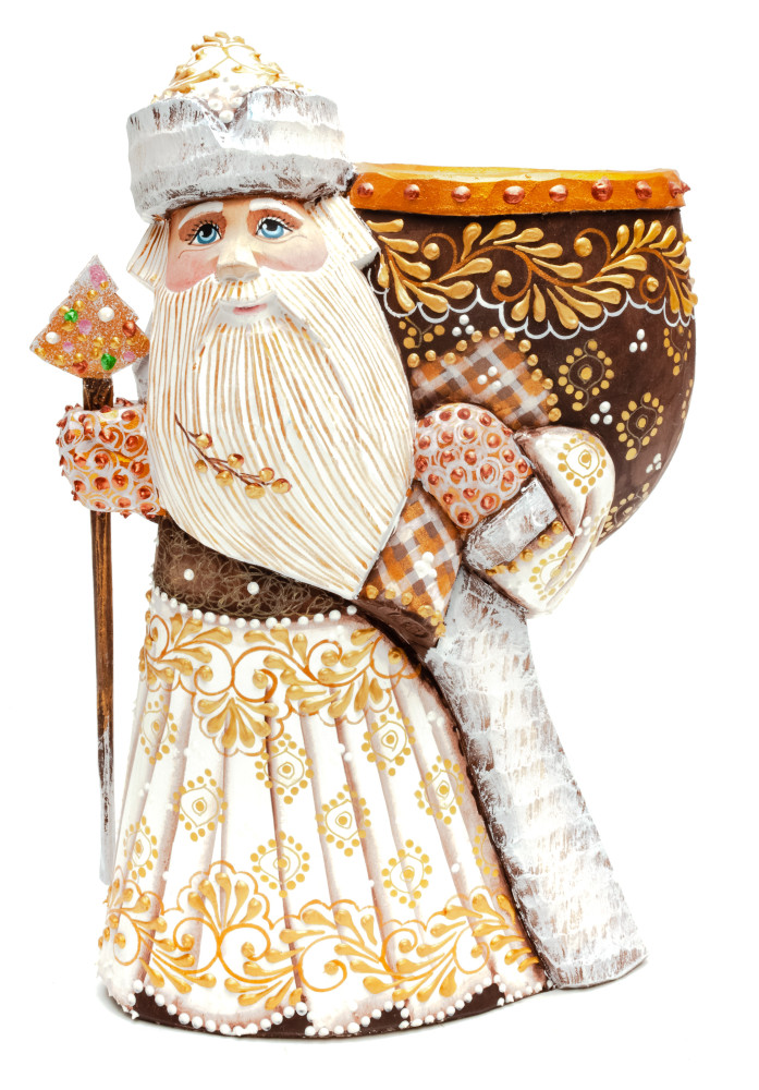 220 mm Santa with a Magic Staff and a Bag Carved Wood Hand Painted Collectible Figurine (by Natalia Nikitina Workshop)
