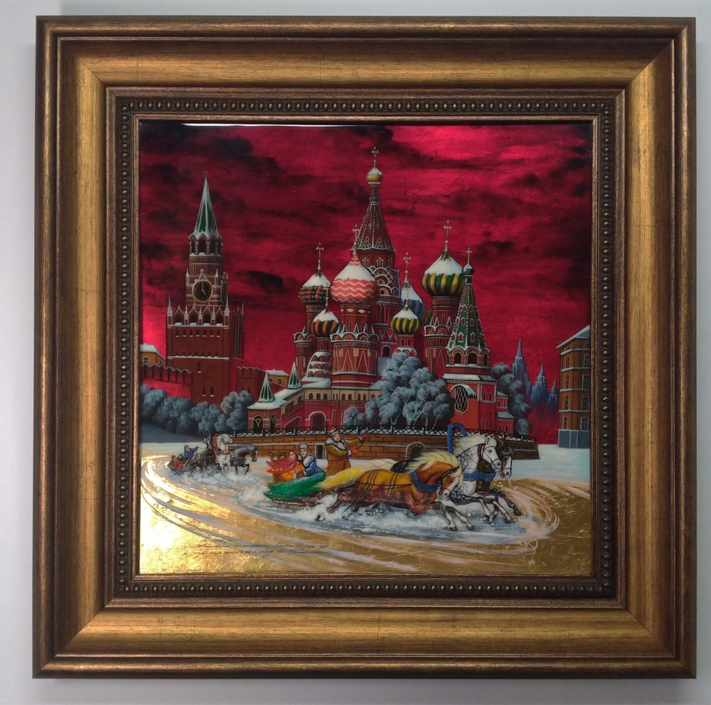 440x440 mm Red Square Saint Basil Church hand painted on Nacre Fedoscino painting (by Tatiana Fedoscino Arts)
