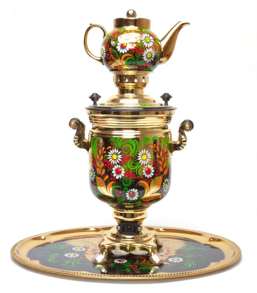 Camomiles Hand Painted Electric Samovar Kettle with Teapot and Tray