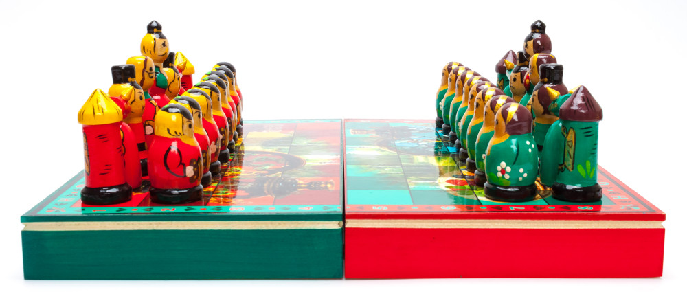 Wooden Chess Board with Russian Samovars Hand Painted Chess Pieces