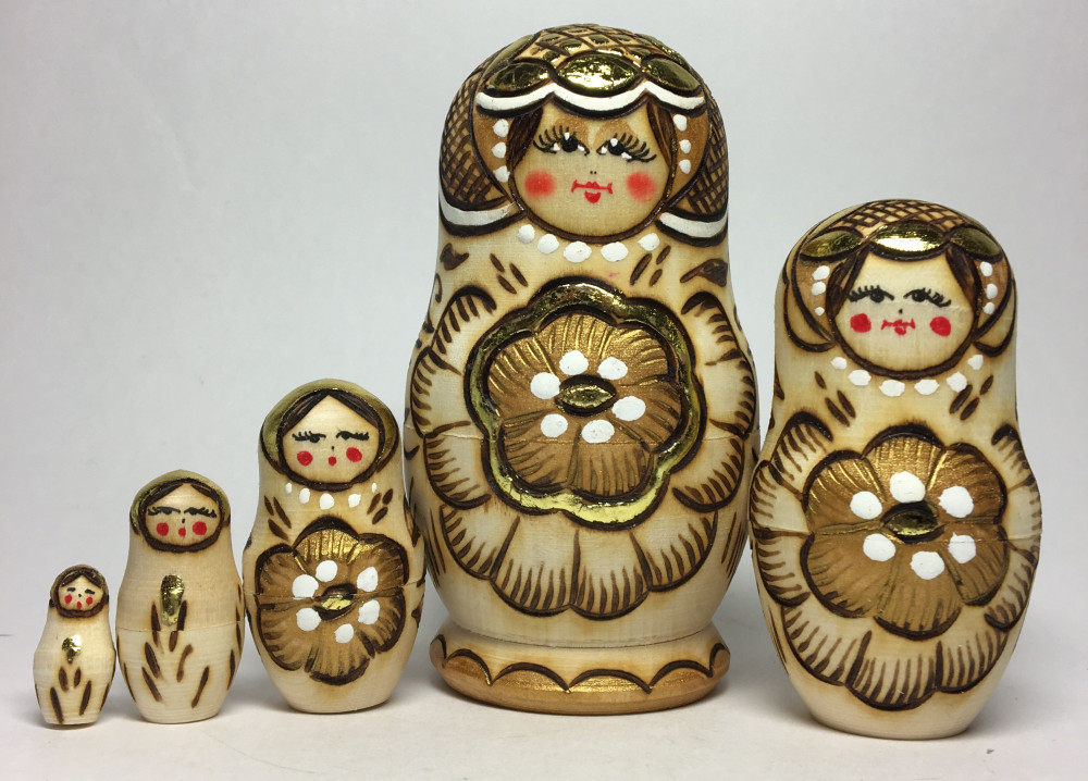 100 mm Nothern Flowers hand burnt and painted Wooden Matryoshka doll 5 pcs (by Nadia Studio)