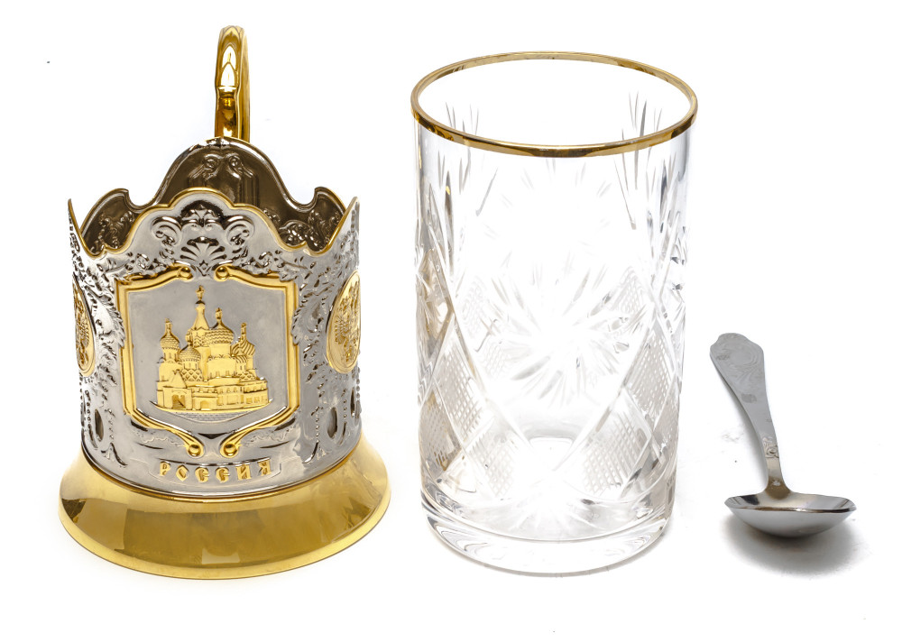 Saint Basil Cathedral Gold Plated Brass Tea Glass Holder with Crystal Glass and Gold Plated Tea Spoon (by Kolchugino)