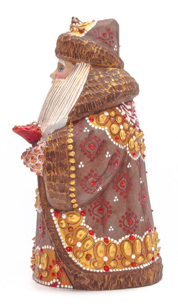 150 mm Santa with a Magic Staff and Birds Carved Wood Hand Painted Collectible Figurine (by Natalia Nikitina Workshop)