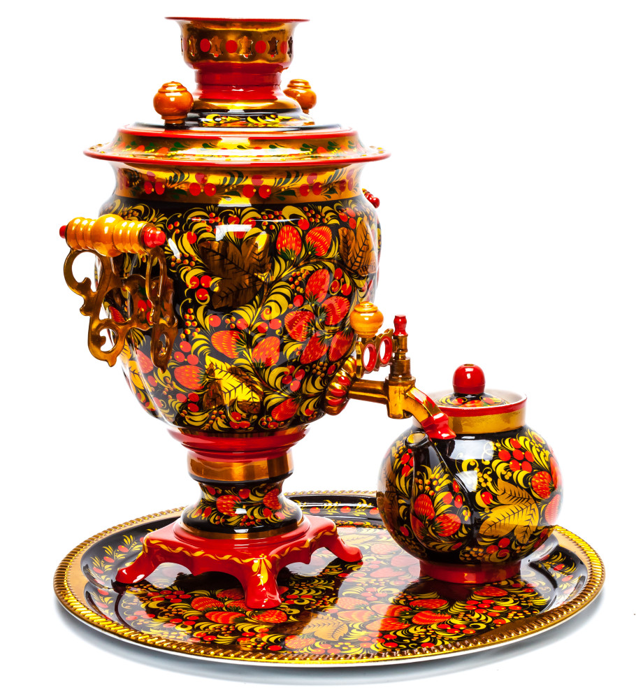 Golden Khokhloma Electric Brass Samovar Kettle with Teapot and Tray